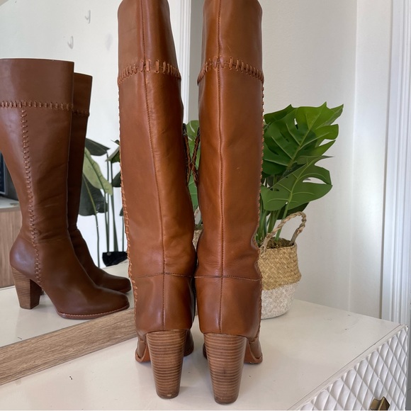 Joie Tall Leather Cognac Exposed Stitch Block Heel Boots - Picture 4 of 12